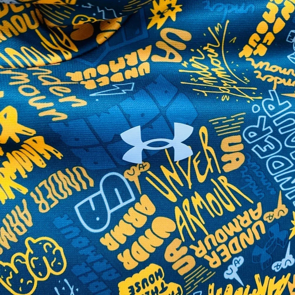 Under Armour Youth Hoodie Graphic Print‎ Teal Yellow Pullover Hooded Sweatshirt